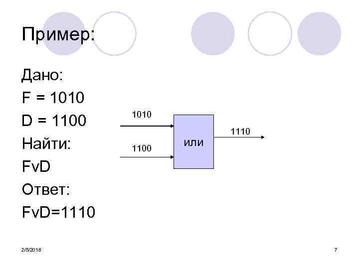 Пример: Дано: F = 1010 D = 1100 Найти: FνD Ответ: FνD=1110 2/5/2018 1010