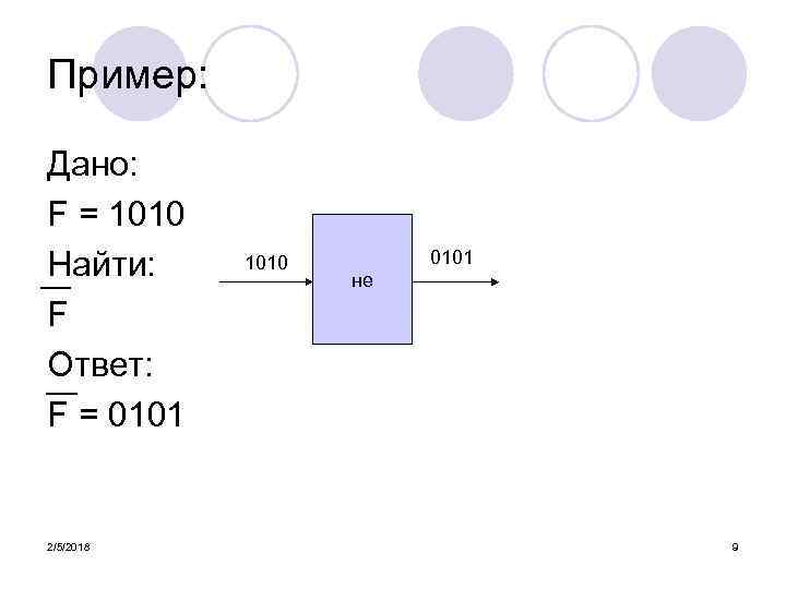 Пример: Дано: F = 1010 Найти: F Ответ: F = 0101 2/5/2018 1010 0101