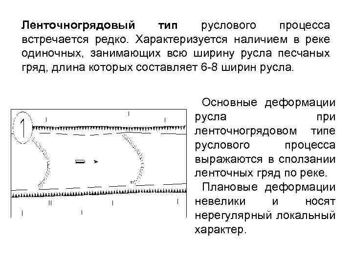 Ленточногрядовый тип руслового процесса встречается редко. Характеризуется наличием в реке одиночных, занимающих всю ширину