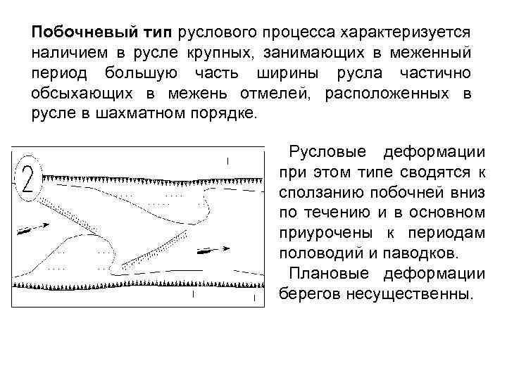 Побочневый тип руслового процесса характеризуется наличием в русле крупных, занимающих в меженный период большую