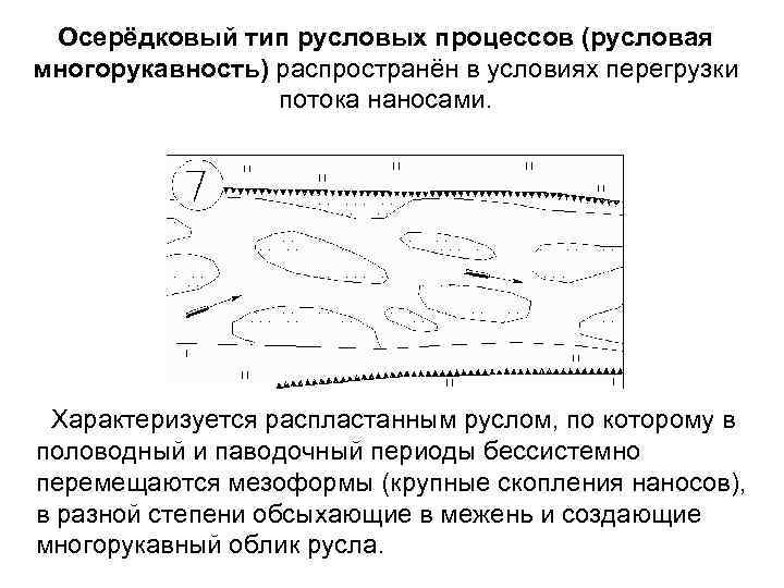 Осерёдковый тип русловых процессов (русловая многорукавность) распространён в условиях перегрузки потока наносами. Характеризуется распластанным