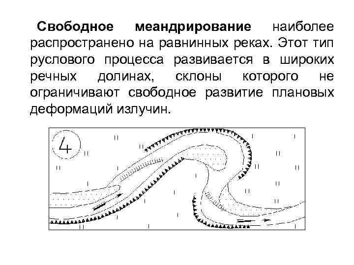 Свободное меандрирование наиболее распространено на равнинных реках. Этот тип руслового процесса развивается в широких