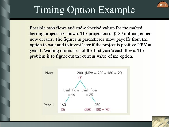 Timing Option Example Possible cash flows and end-of-period values for the malted herring project