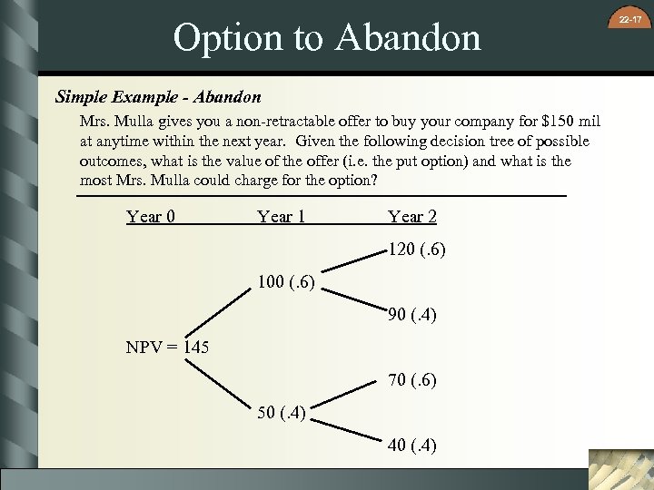 Option to Abandon Simple Example - Abandon Mrs. Mulla gives you a non-retractable offer