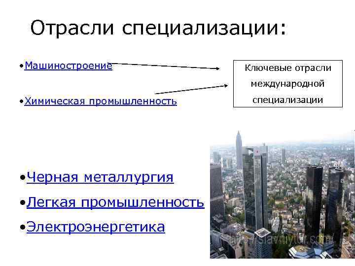 Отрасли специализации: • Машиностроение Ключевые отрасли международной • Химическая промышленность • Черная металлургия •