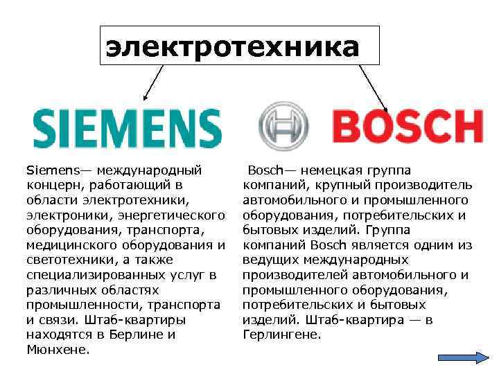 электротехника Siemens— международный концерн, работающий в области электротехники, электроники, энергетического оборудования, транспорта, медицинского оборудования