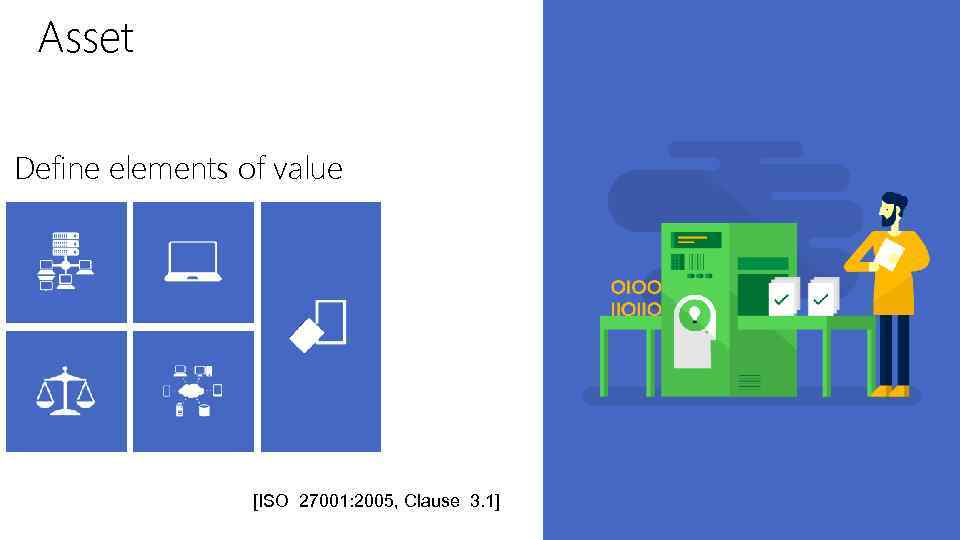 Asset Define elements of value [ISO 27001: 2005, Clause 3. 1] 