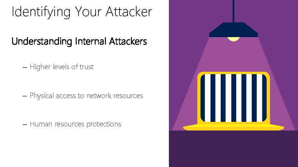 Identifying Your Attacker Understanding Internal Attackers – Higher levels of trust – Physical access