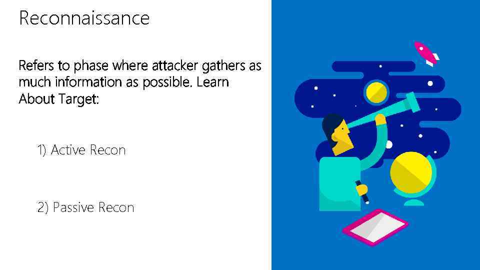 Reconnaissance Refers to phase where attacker gathers as much information as possible. Learn About