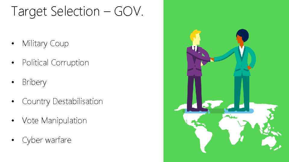 Target Selection – GOV. • Military Coup • Political Corruption • Bribery • Country