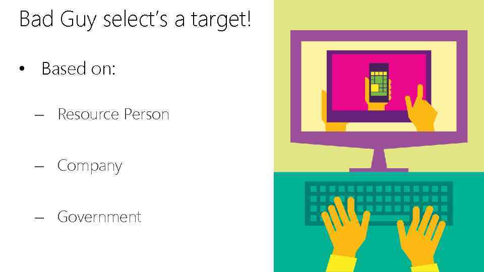 Bad Guy select’s a target! • Based on: – Resource Person – Company –