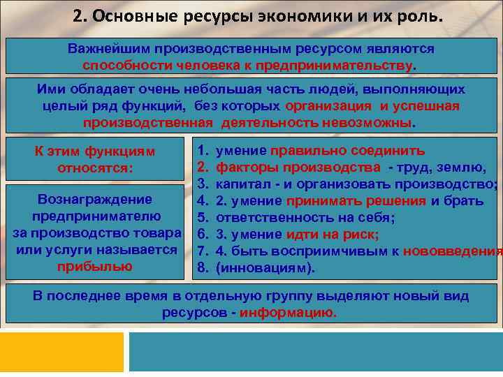 2. Основные ресурсы экономики и их роль. Важнейшим производственным ресурсом являются способности человека к