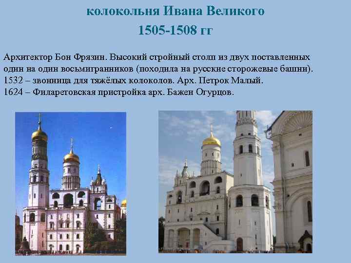 колокольня Ивана Великого 1505 -1508 гг Архитектор Бон Фрязин. Высокий стройный столп из двух