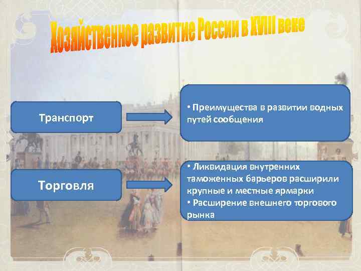 Транспорт Торговля • Преимущества в развитии водных путей сообщения • Ликвидация внутренних таможенных барьеров