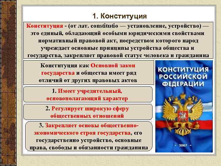 1. Конституция - (от лат. constitutio — установление, устройство) — это единый, обладающий особыми