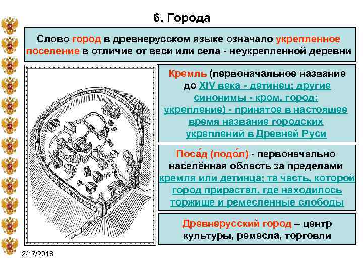 6. Города Слово город в древнерусском языке означало укрепленное поселение в отличие от веси