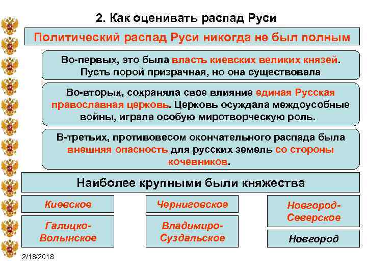 2. Как оценивать распад Руси Политический распад Руси никогда не был полным Во-первых, это