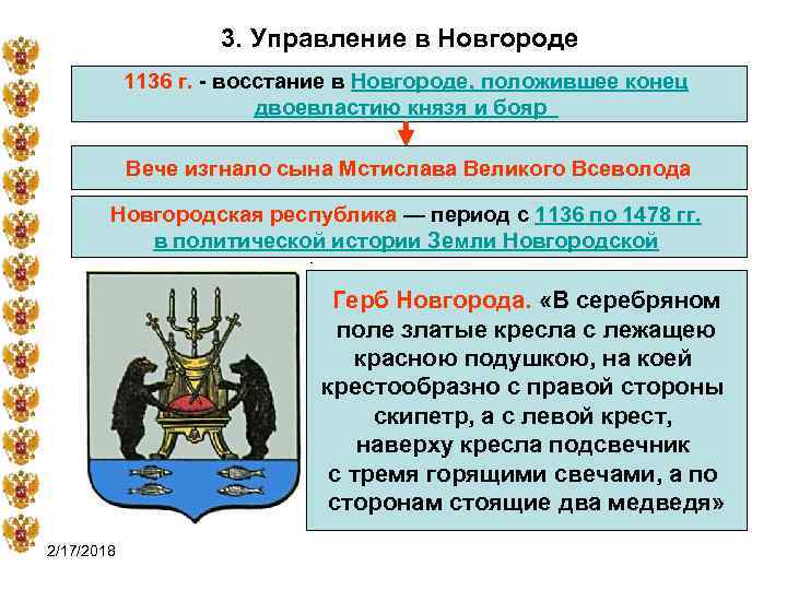3. Управление в Новгороде 1136 г. - восстание в Новгороде, положившее конец двоевластию князя