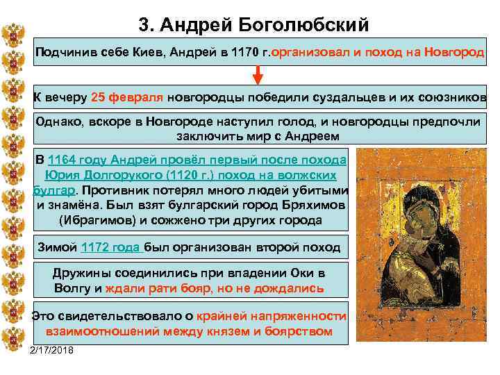 3. Андрей Боголюбский Подчинив себе Киев, Андрей в 1170 г. организовал и поход на