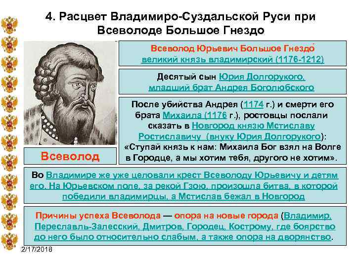 4. Расцвет Владимиро-Суздальской Руси при Всеволоде Большое Гнездо Всеволод Юрьевич Большое Гнездо великий князь