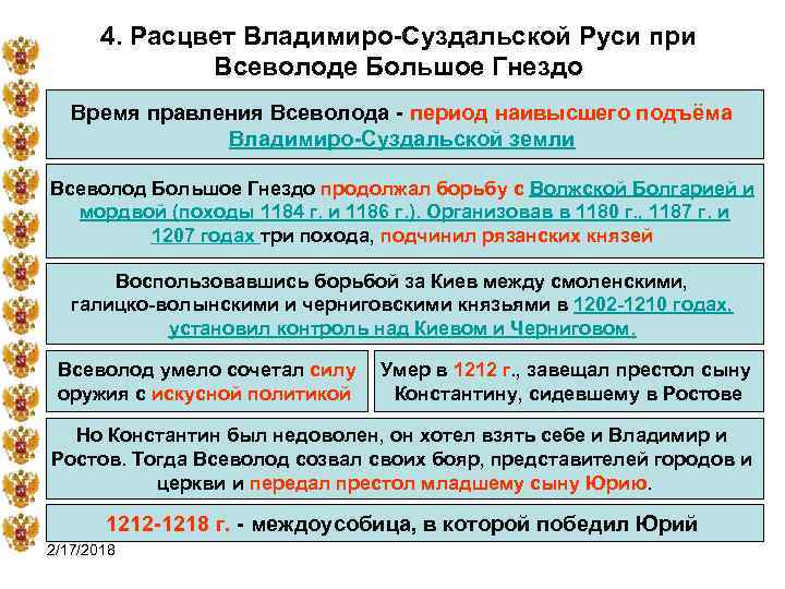 4. Расцвет Владимиро-Суздальской Руси при Всеволоде Большое Гнездо Время правления Всеволода - период наивысшего