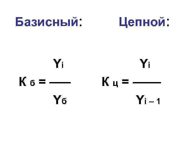 Базисный: Цепной: Yi К б = ––– Yб Yi К ц = –––– Yi