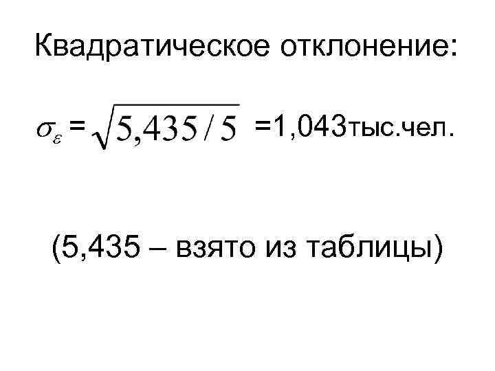 Квадратическое отклонение: = =1, 043 тыс. чел. (5, 435 – взято из таблицы) 