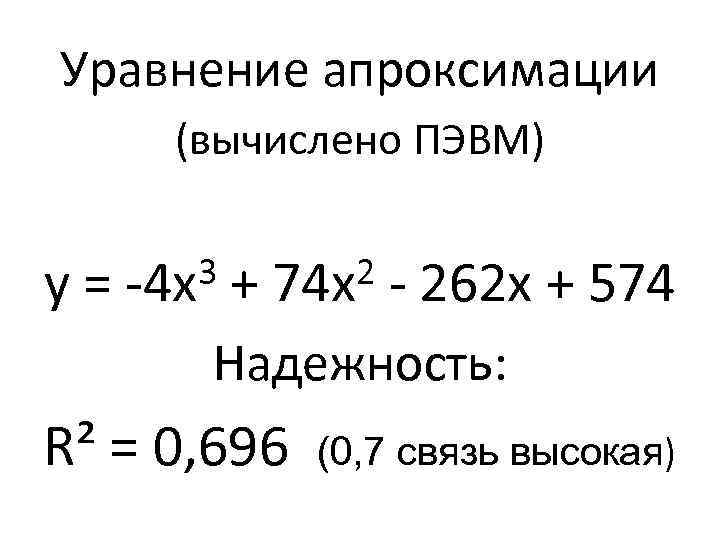 Уравнение апроксимации (вычислено ПЭВМ) y= 3 -4 x + 2 74 x - 262