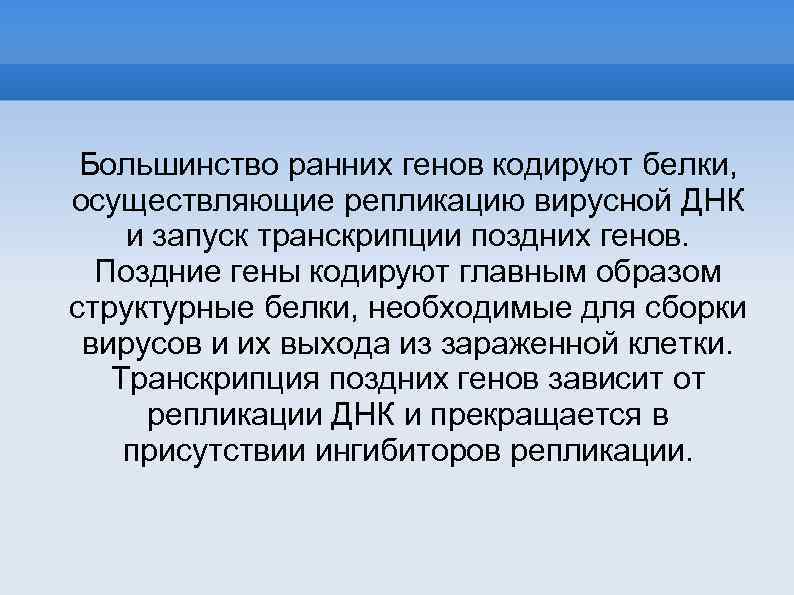 Большинство ранних генов кодируют белки, осуществляющие репликацию вирусной ДНК и запуск транскрипции поздних генов.