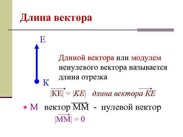 Длина вектора Е К Длиной вектора или модулем ненулевого вектора называется длина отрезка |КЕ|