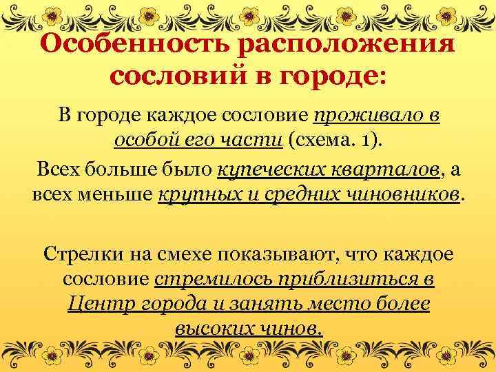 Особенность расположения сословий в городе: В городе каждое сословие проживало в особой его части