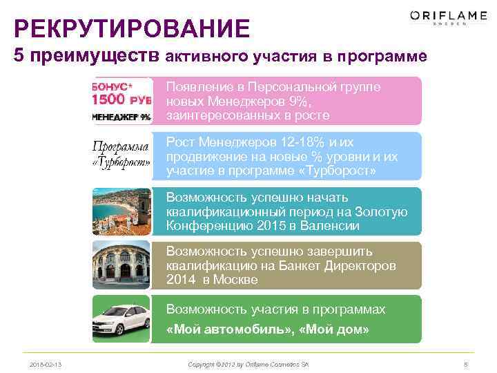 РЕКРУТИРОВАНИЕ 5 преимуществ активного участия в программе Появление в Персональной группе новых Менеджеров 9%,