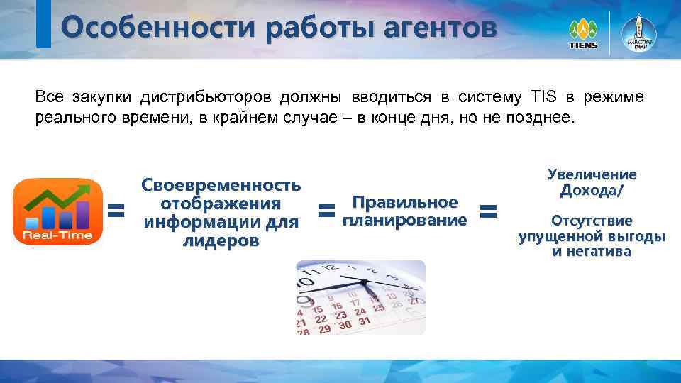 Особенности работы агентов Все закупки дистрибьюторов должны вводиться в систему TIS в режиме реального