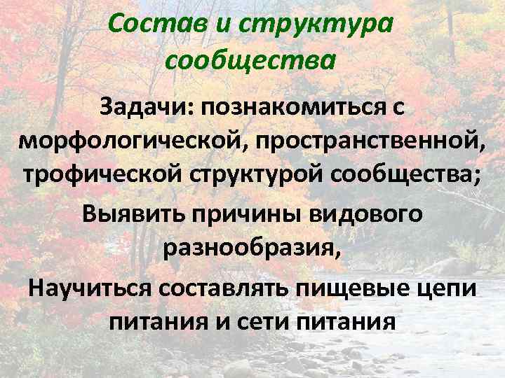 Состав и структура сообщества Задачи: познакомиться с морфологической, пространственной, трофической структурой сообщества; Выявить причины