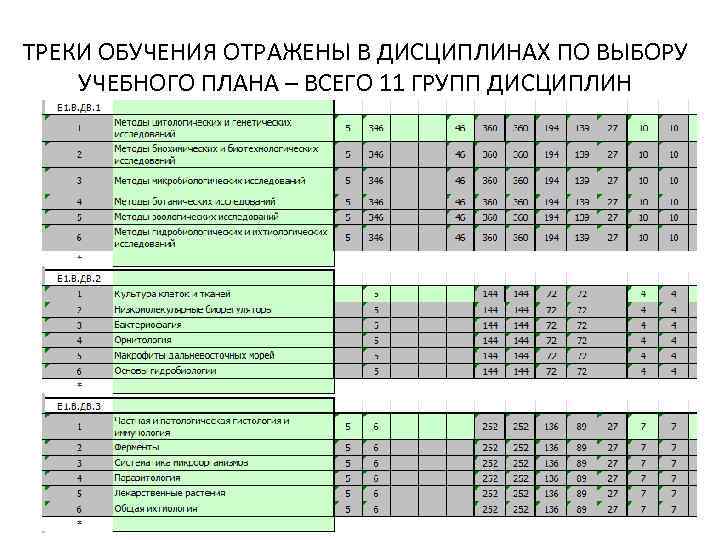 ТРЕКИ ОБУЧЕНИЯ ОТРАЖЕНЫ В ДИСЦИПЛИНАХ ПО ВЫБОРУ УЧЕБНОГО ПЛАНА – ВСЕГО 11 ГРУПП ДИСЦИПЛИН