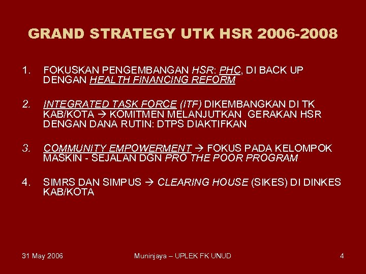 GRAND STRATEGY UTK HSR 2006 -2008 1. FOKUSKAN PENGEMBANGAN HSR: PHC, DI BACK UP