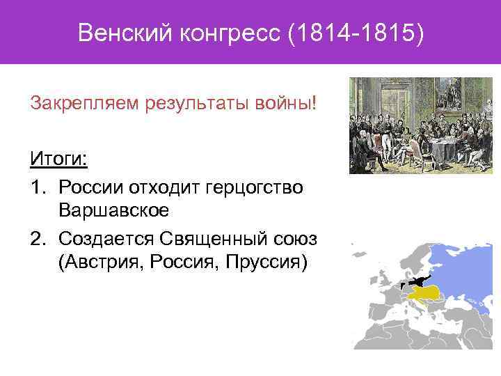 Венский конгресс (1814 -1815) Закрепляем результаты войны! Итоги: 1. России отходит герцогство Варшавское 2.