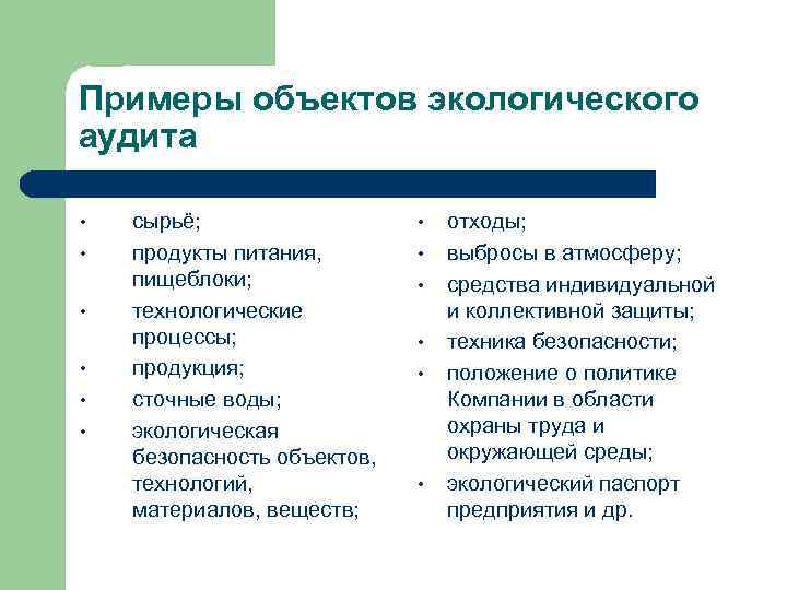 Примеры объектов экологического аудита • • • сырьё; продукты питания, пищеблоки; технологические процессы; продукция;