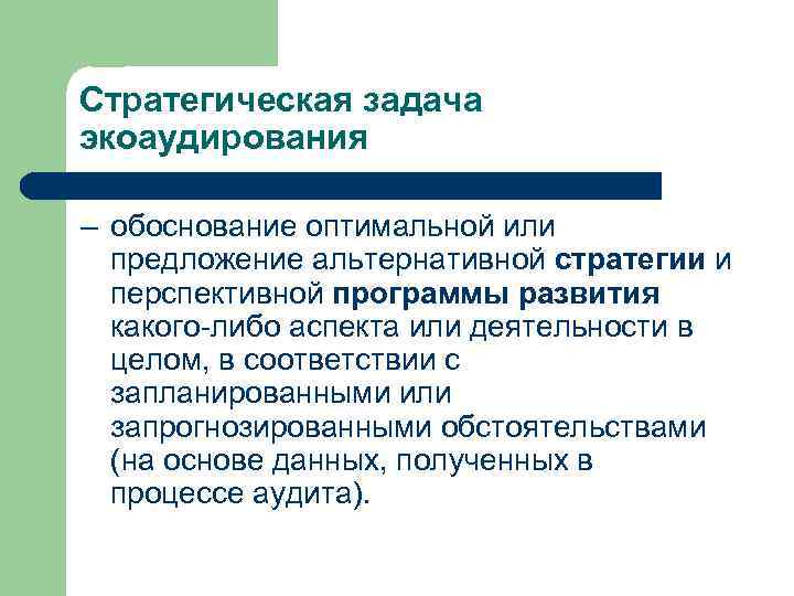 Стратегическая задача экоаудирования – обоснование оптимальной или предложение альтернативной стратегии и перспективной программы развития