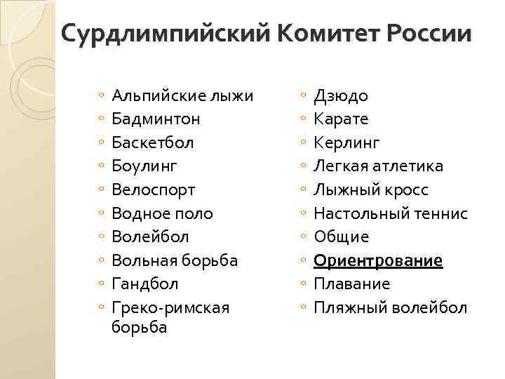 Сурдлимпийский Комитет России ◦ ◦ ◦ ◦ ◦ Альпийские лыжи Бадминтон Баскетбол Боулинг Велоспорт