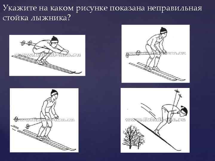Укажите на каком рисунке показана неправильная стойка лыжника? 