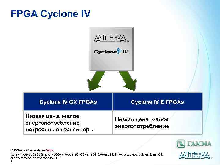 FPGA Cyclone IV GX FPGAs Низкая цена, малое энергопотребление, встроенные трансиверы Cyclone IV E