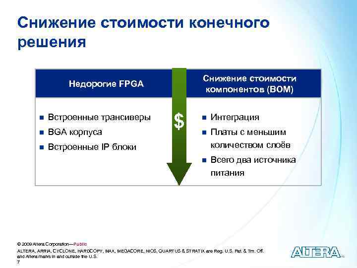 Снижение стоимости конечного решения Снижение стоимости компонентов (BOM) Недорогие FPGA n Встроенные трансиверы n