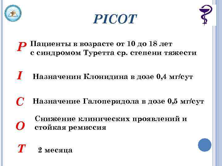 PICOТ P Пациенты в возрасте от 10 до 18 лет с синдромом Туретта ср.