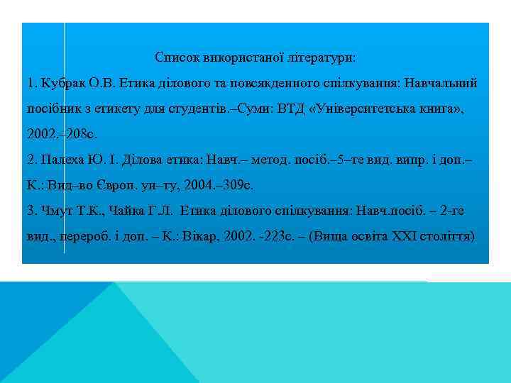 Список використаної літератури: 1. Кубрак О. В. Етика дiлового та повсякденного спiлкування: Навчальний посiбник