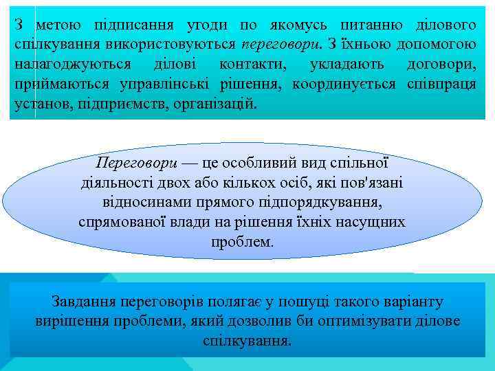 З метою підписання угоди по якомусь питанню ділового спілкування використовуються переговори. З їхньою допомогою