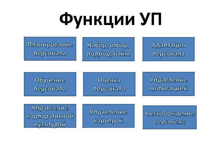Функции УП Планирование персонала Набор, отбор, подбор, найм Адаптация персонала Обучение персонала Оценка персонала