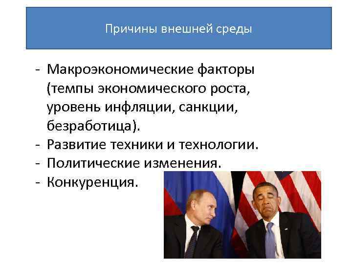 Причины внешней среды - Макроэкономические факторы (темпы экономического роста, уровень инфляции, санкции, безработица). -