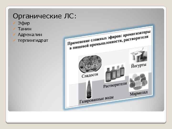 Органические ЛС: Эфир ü Танин ü Адреналин ü терпингидрат ü 