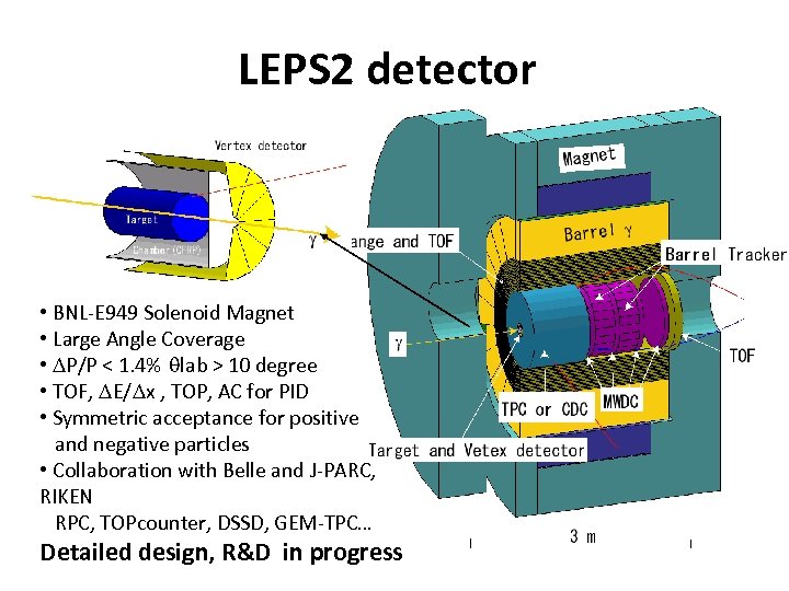 LEPS 2 detector • BNL-E 949 Solenoid Magnet • Large Angle Coverage • DP/P